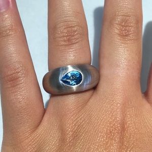 SS Rhodium Plated Blue Topaz Tear Drop Ring